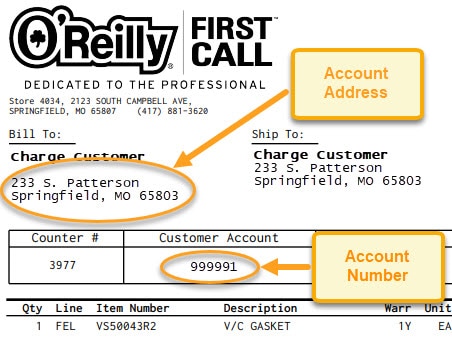 Sample O'Reilly First Call invoice showing account details